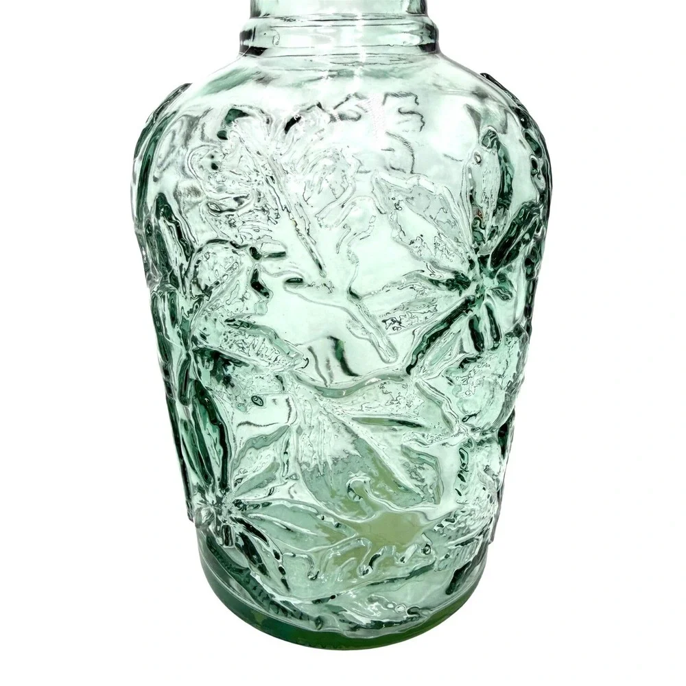 Vintage Style Green Embossed Floral Glass Bottle with Grape Stopper Made Canada